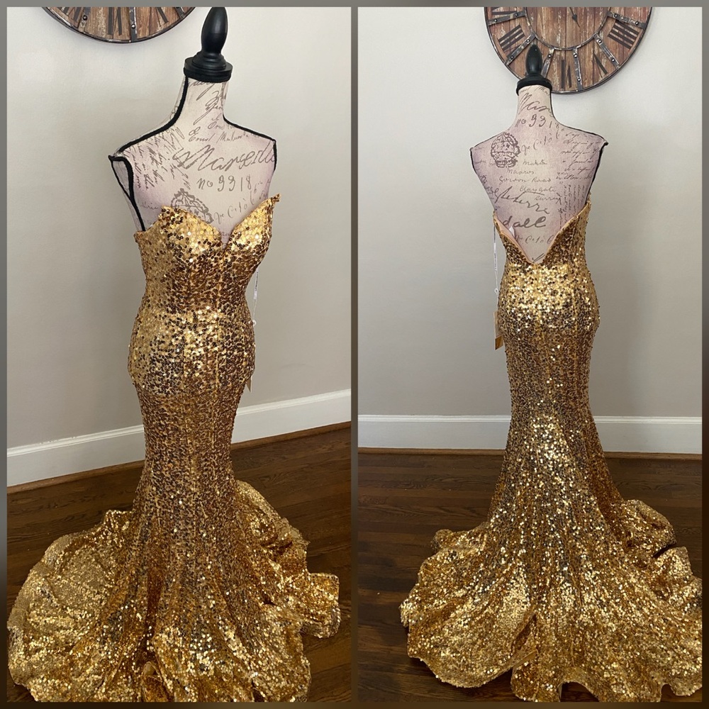 Gold sparkly mermaid prom dress, pageant gown formal or military ball gown